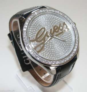GUESS WATCH BLACK LEATHER w/ SILVER PAVE CRYSTAL DIAL WATCH W70011L1 