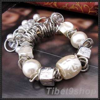   Venetian Pearl Silvered Resin Gems Stretch Bracelet Bangle SDV  