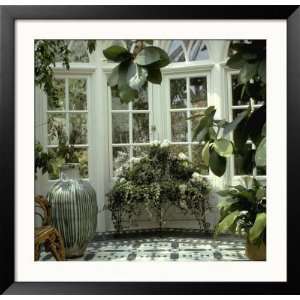 Interior of Conservatory Large Ceramic Pot, Wrought Iron Plant Stand 