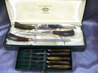   STAINLESS HORN HANDLED 3PC CARVING SET & 5 STEAK KNIVES w/BOX  