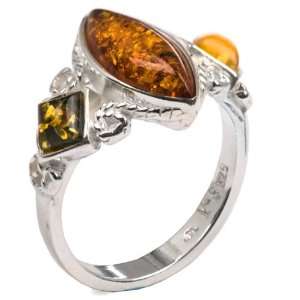 Baltic Multicolor Amber and Sterling Silver Designer Ring Sizes 5,6,7 