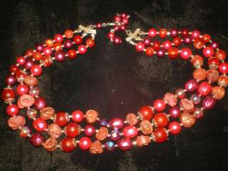 Vintage PINK 3 TRIPLE Strand ROSE BEAD BEADED Necklace  