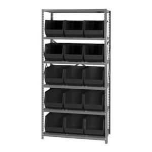  18x36x75 Steel Shelving With 15 Giant Stacking Bins Black 