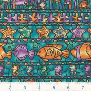  45 Wide Stained Glass Fish Stripe Teal Fabric By The 