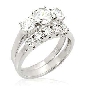 CZ WEDDING RINGS   Sterling Silver Three Stone CZ Engagement & Wedding 