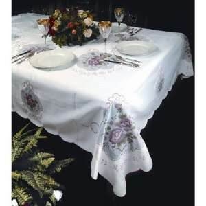  Fontainebleau Pink Flower Embroidered Tablecloth in White 
