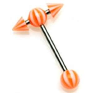 Tongue Ring Piercing with Orange and White Striped Spikes and Balls
