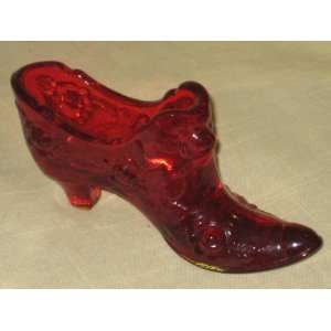  Vintage FENTON Art Glass Ruby Red  Rose Pattern  Shoe 